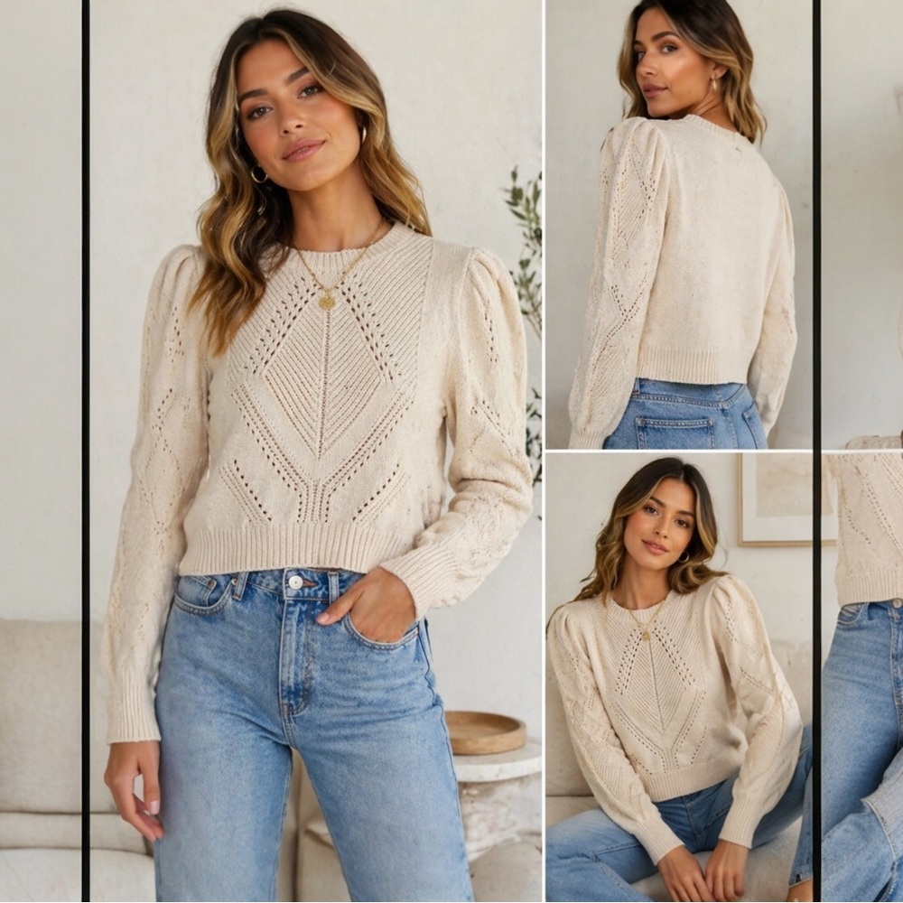 Cynthia Rowley Cream Pointelle Knit Sweater XL Puff Sleeve Cropped NWT